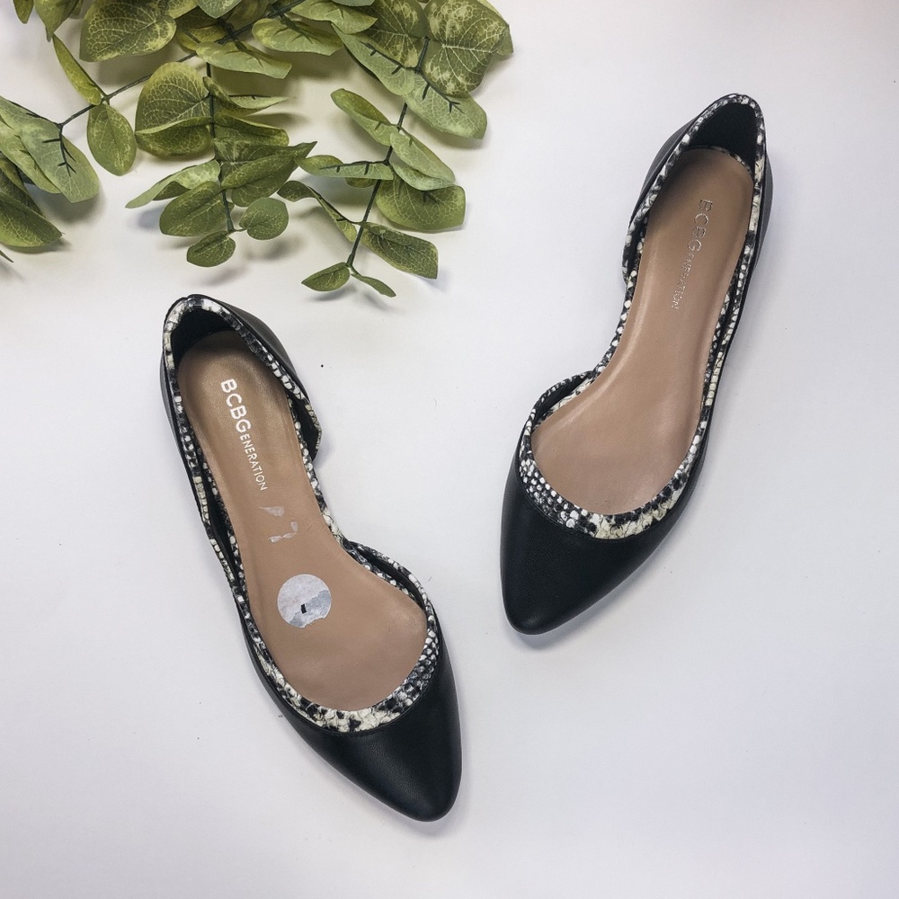 BCBG Round Point Toe Flats with Snake Print Accent